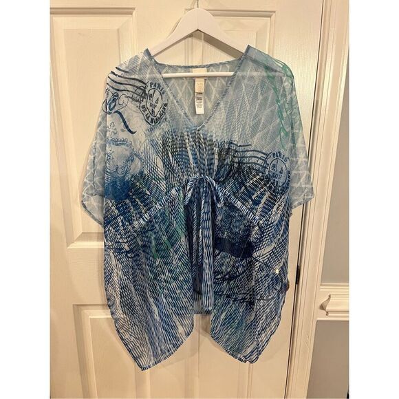 Chico’s Blue Sheer Paris Postage Stamp Beach Swim Coverup sz S/M EUC - Picture 1 of 4